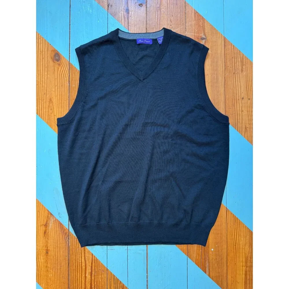 Alan Flusser Merino Wool Sweater Vest XL Black Classic V-Neck Preppy